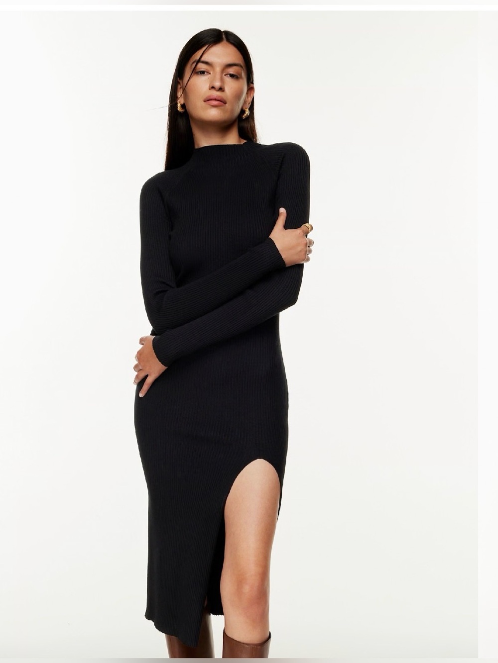 Aritzia Wilfred Alchemy Mock Neck Long Sleeve Ribbed Midi Dress with Side Slit